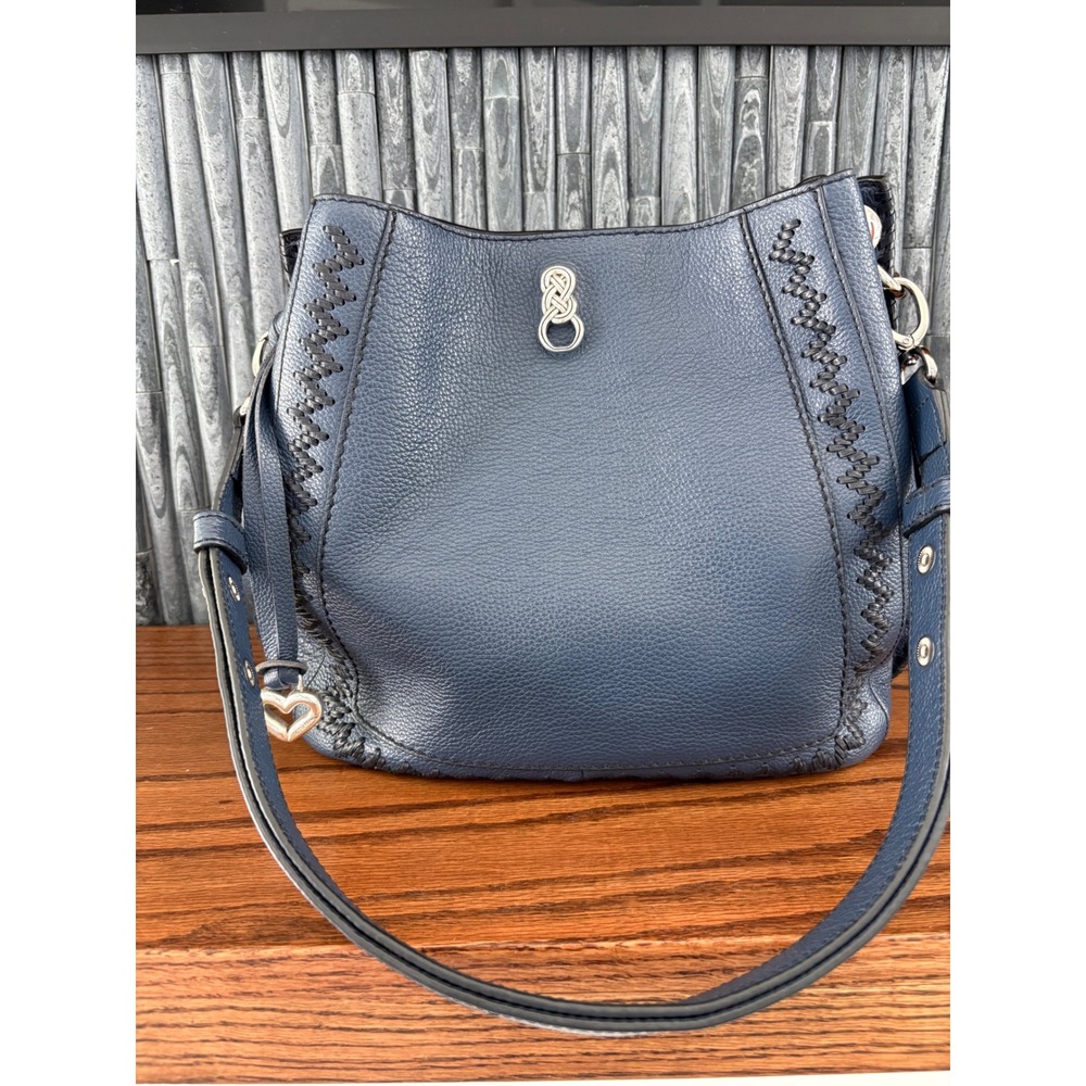 Brighton Navy Blue Pebbled Leather Whipstitch Hobo Shoulder Bag Silver Hardware